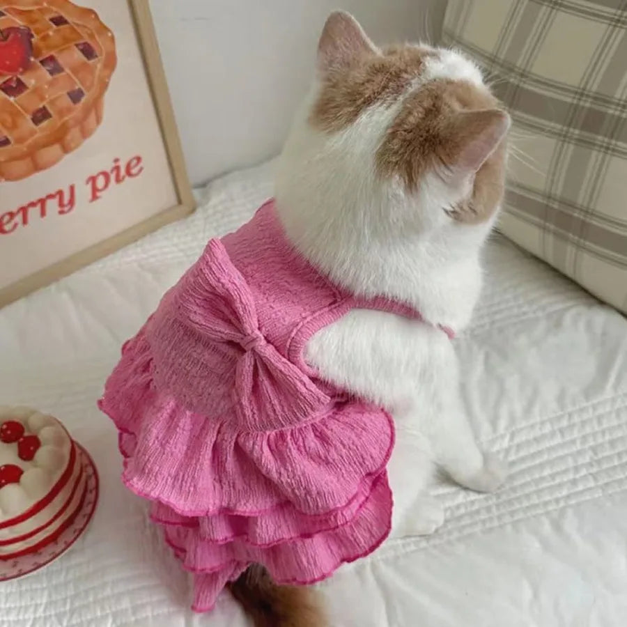 Cute Summer Girl Dog Clothes Sleeveless Small Dog Tiered Layer Cake Dress with Ruffles Bow Decor for Small Dogs and Cats Pink F