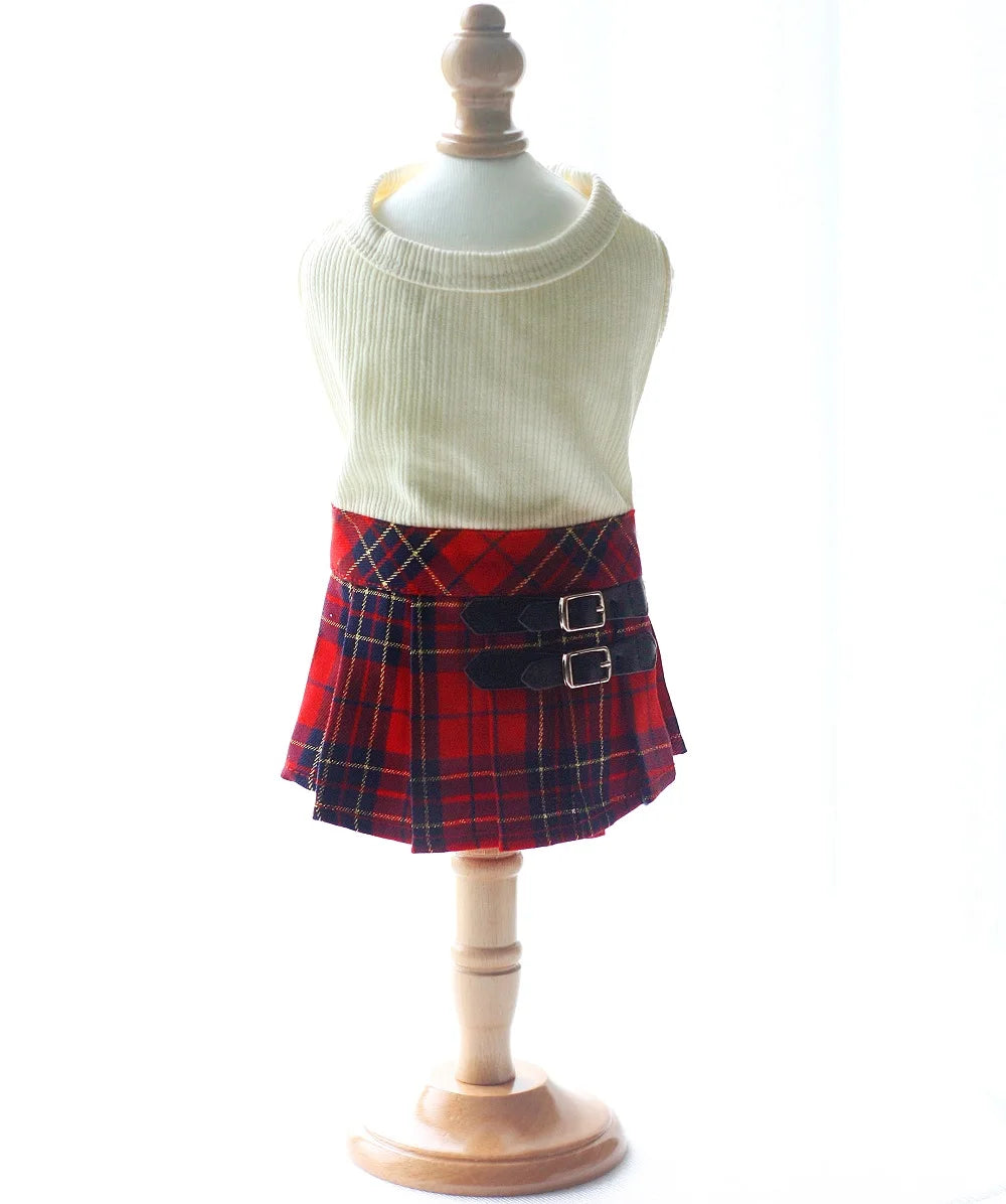 Plaid Dog Skirt with Double Buckle, Stylish Pet Clothes, Fall and Winter Outfit, Knitted Jumper Sweater Poodle Maltese Chihuahua