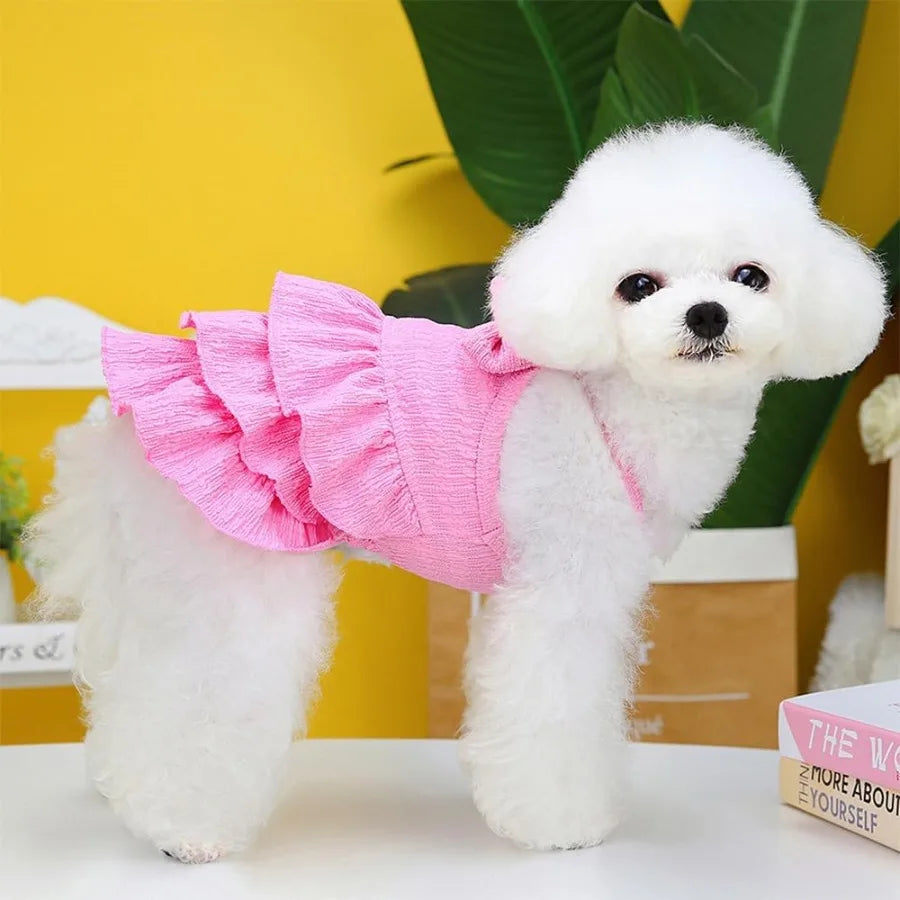 Cute Summer Girl Dog Clothes Sleeveless Small Dog Tiered Layer Cake Dress with Ruffles Bow Decor for Small Dogs and Cats Pink F