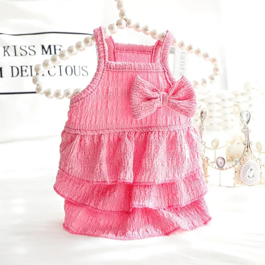 Cute Summer Girl Dog Clothes Sleeveless Small Dog Tiered Layer Cake Dress with Ruffles Bow Decor for Small Dogs and Cats Pink F