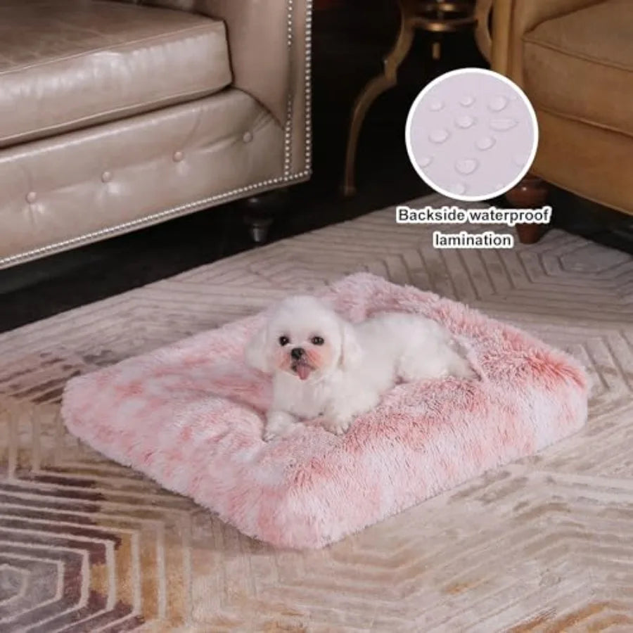 Waterproof Crate Bed with Washable Cover for Dogs and Cats Plush Faux Fur Kennel Pad 17x12 Inch Pink Ideal for Pet Beds in Home