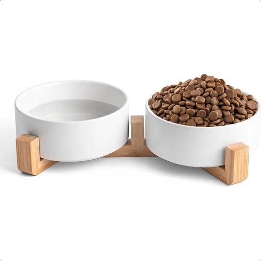 White Ceramic Dog Cat Bowl Set 13.5 OZ with Wooden Stand NonSlip Elevated Design for Small Dogs Cats 2 Bowls Food Water Ceramic
