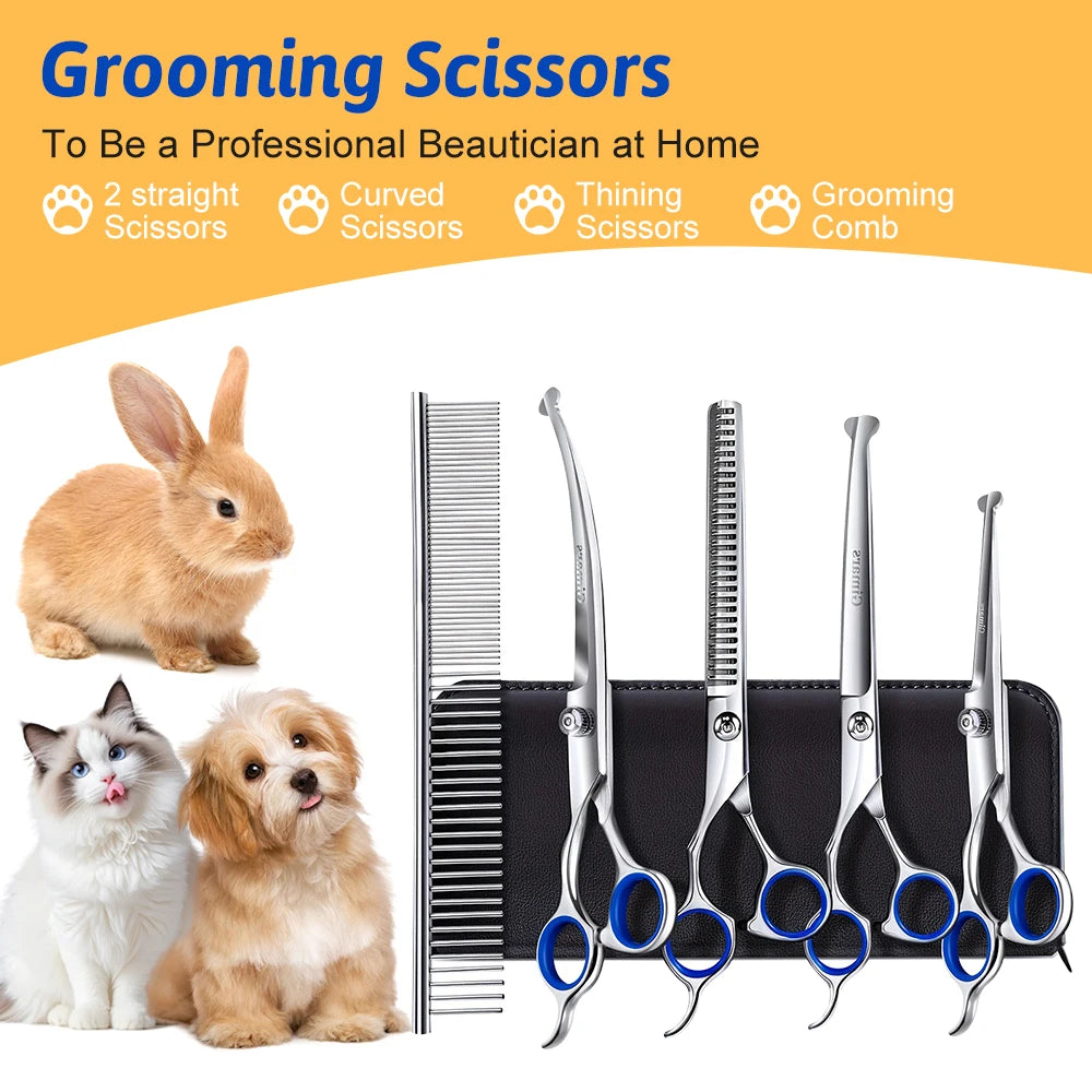 7" Pet Grooming Scissors 4 Styles Stainless Steel Straight Curved Scissors Thinning Shears Pet Beauty Scissors