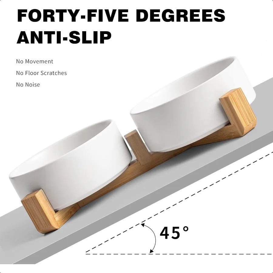 White Ceramic Dog Cat Bowl Set 13.5 OZ with Wooden Stand NonSlip Elevated Design for Small Dogs Cats 2 Bowls Food Water Ceramic