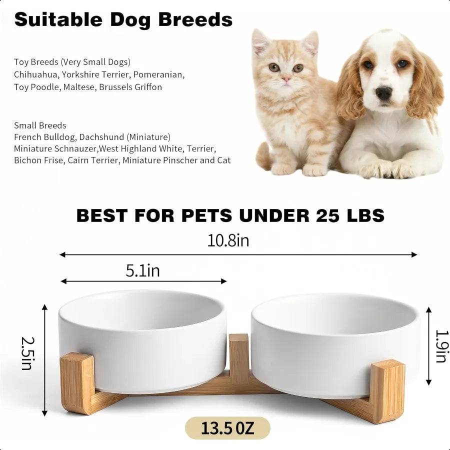 White Ceramic Dog Cat Bowl Set 13.5 OZ with Wooden Stand NonSlip Elevated Design for Small Dogs Cats 2 Bowls Food Water Ceramic