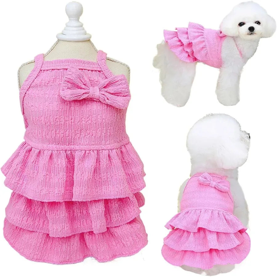 Cute Summer Girl Dog Clothes Sleeveless Small Dog Tiered Layer Cake Dress with Ruffles Bow Decor for Small Dogs and Cats Pink F